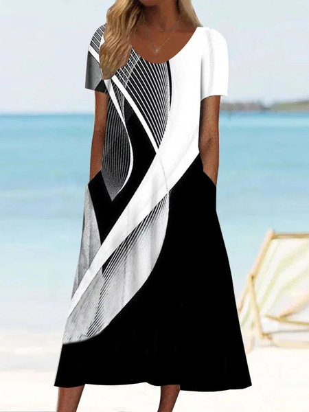

Casual Loose Geometric Dress, Black-white, Dresses
