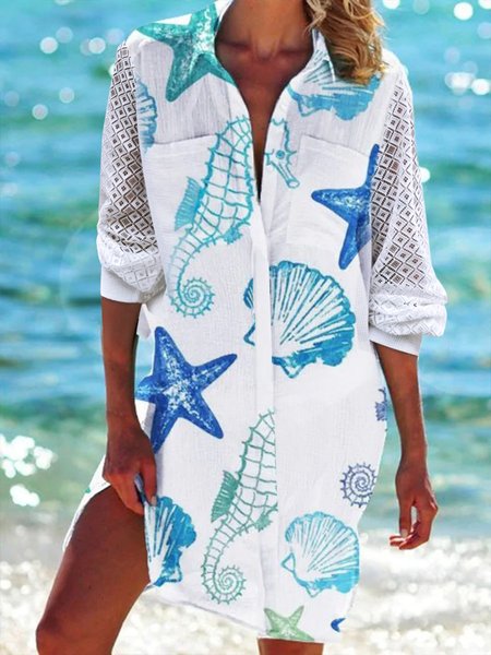

Women's Casual Marine Life Loose V neck Half Sleeve Dress, White, Short