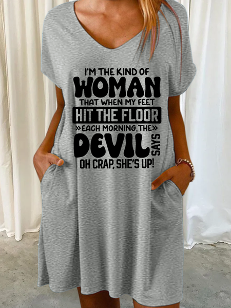 

Women's Funny Word Kind Of Women Casual V Neck Text Letters Dress, Gray, Dresses