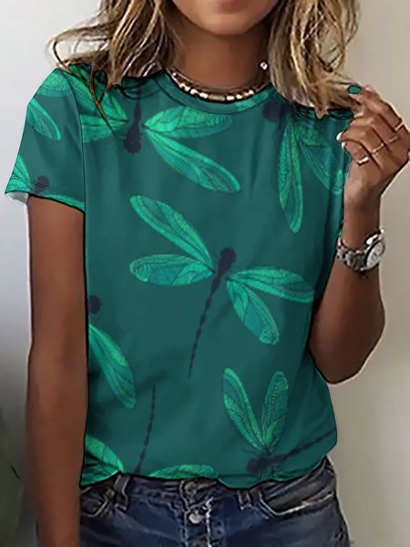 

Women's Dragonfly Loose Simple T-Shirt, Green, T-shirts