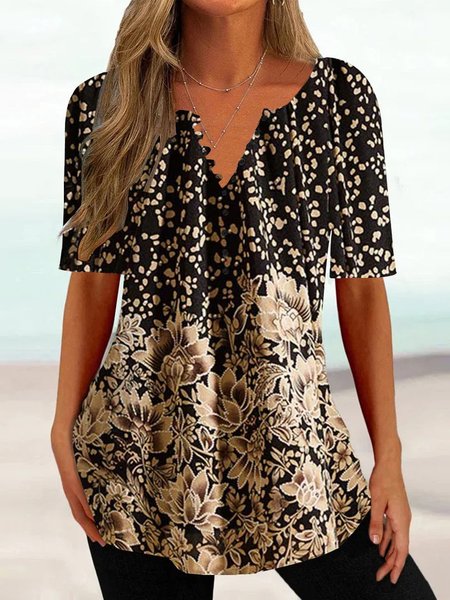 Casual Floral Knitted Loose T-Shirt, Black, T-Shirts
