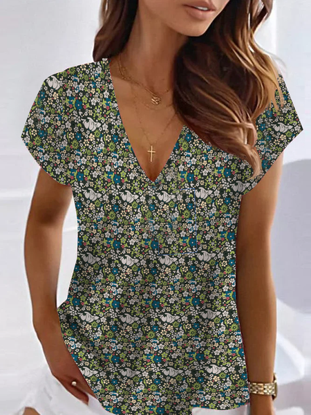 

Floral Knitted Casual V Neck T-Shirt, Multicolor, T-Shirts