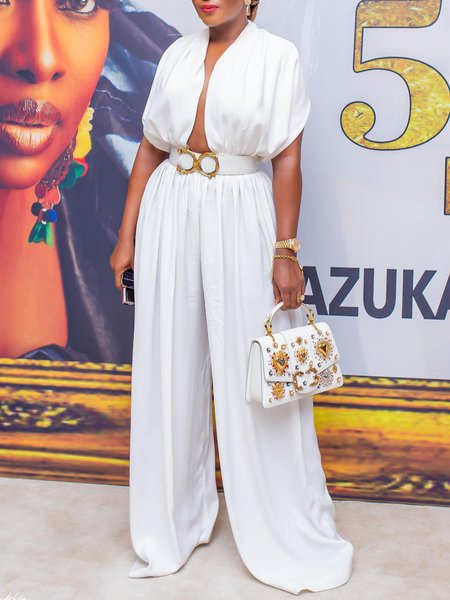 

Deep V Neck Simple Regular Fit Jumpsuit, White, Jumpsuits