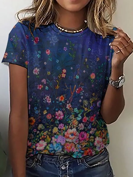 

Women's Art Print Crew Neck Floral Casual Loose T-Shirt, Dark blue, T-shirts