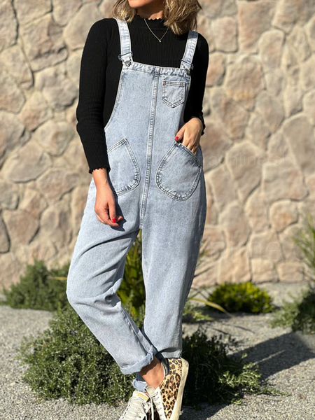

Casual Plain Buttoned Denim Denim Bib Pants, Blue, Jumpsuits＆Rompers
