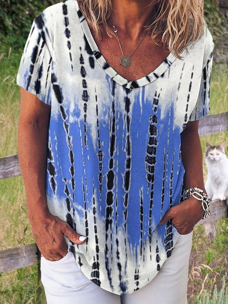 Women's Art Print Tie-Dye Pattern Casual V Neck Loose T-Shirt, As picture, T-shirts