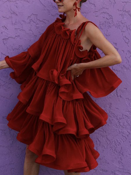 

Elegant Plain Asymmetrical Loose Mini Party Dress, Red, Mini Dresses