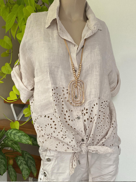 Loose Plain Shirt Collar Casual Blouse, Apricot, Shirts & Blouses