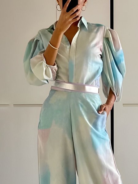 

Regular Fit Shirt Collar Urban Puff Sleeve Blouse, As picture, Blouses and Shirts