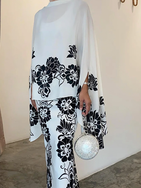 

Floral Stand Collar Urban Loose Three Quarter Mid-long Blouse, White, Blouses and Shirts