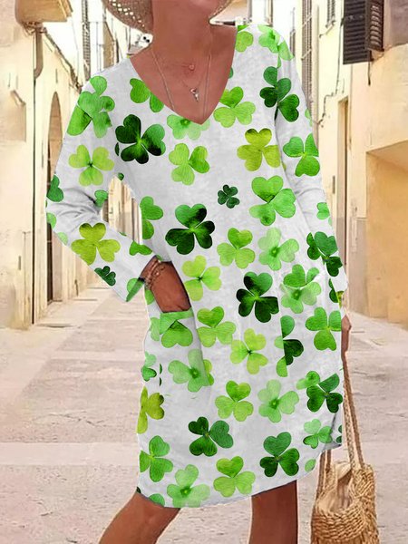

Loose V Neck Casual Shamrock Dress, Green, Dresses