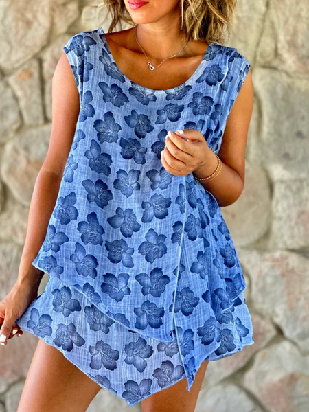 

Floral Loose Casual Tank Top, Blue, Tanks & Camis