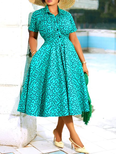 

Elegant Abstract Print Short Sleeve Shirt Collar Dress, Blue, Midi Dresses