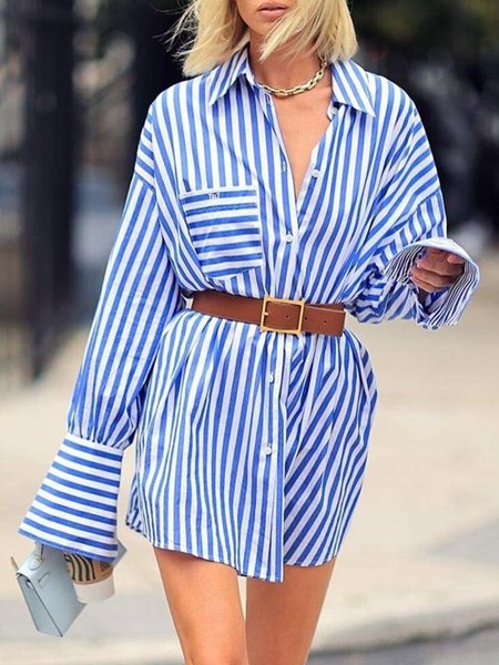 

Urban Striped Loose Shirt Collar Dress, Blue, Mini Dresses