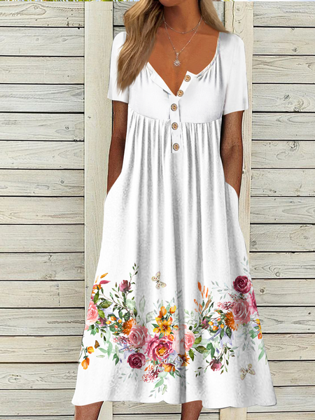 

Casual Half Open Collar Buttoned Dress, White, Dresses