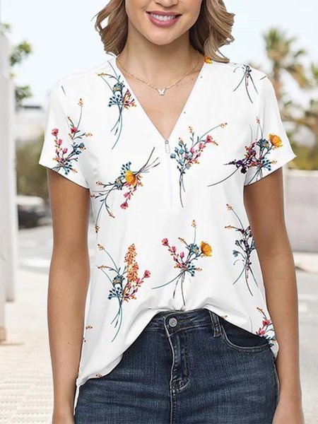 

Casual V Neck Floral Loose Zipper T-Shirt, White, T-Shirts