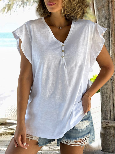 

Knitted Casual Loose Buttoned T-Shirt, White, T-Shirts