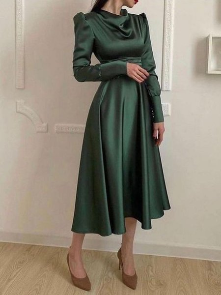 

Lapel Collar Plain Elegant Regular Fit Dress, Dark green, Midi Dresses