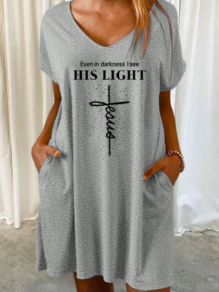 

Women’s Cross Jesus Even In Darkness I See His Light V Neck Text Letters Casual Dress, Gray, Dresses
