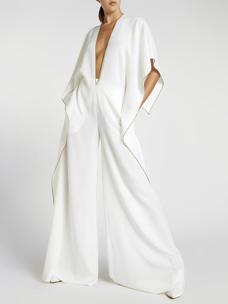 

Simple V Neck Plain Regular Fit Jumpsuit, White, Jumpsuits