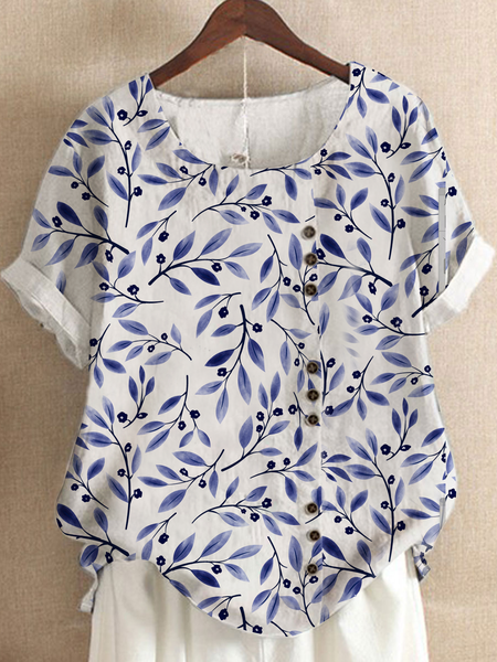 

Buttoned Floral Casual Crew Neck Shirt, Blue, Shirts & Blouses