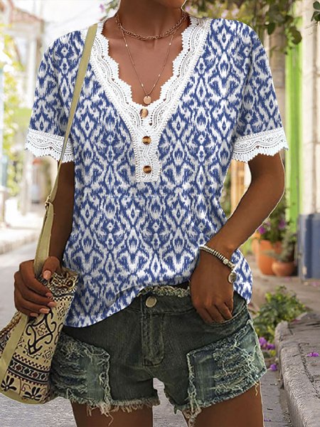 

Casual Geometric V Neck T-Shirt, Blue, T-Shirts