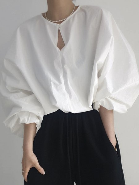 

Long sleeve Plain Crew Neck Urban Loose Blouse, White, Blouses and Shirts
