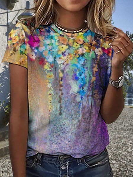 

Women's Art Print Loose Crew Neck Casual Floral T-Shirt, As picture, T-shirts
