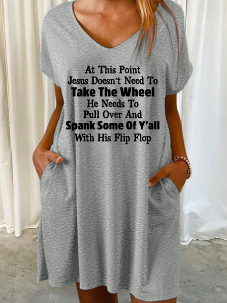 

Women‘s Funny Word Jesus V Neck Casual Dress, Gray, Dresses