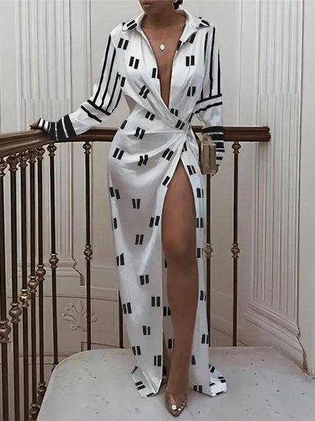 

Elegant Regular Fit V Neck Geometric Dress, As picture, Maxi Dresses