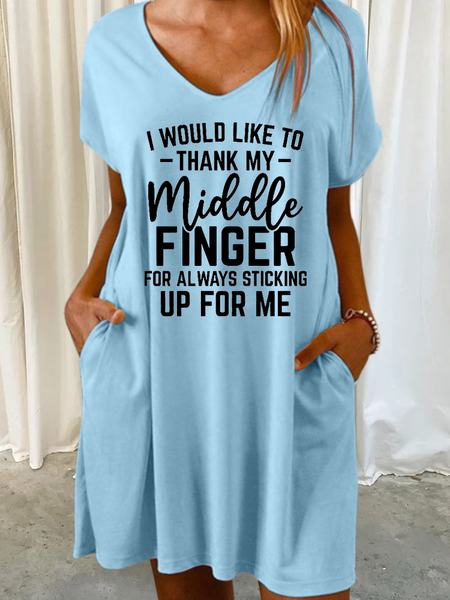 

Women's Funny Word Thank My Finger V Neck Casual Loose Dress, Blue, Dresses
