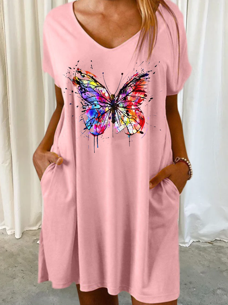 

Women's Loose Casual Butterfly V Neck Dress, Pink, Dresses