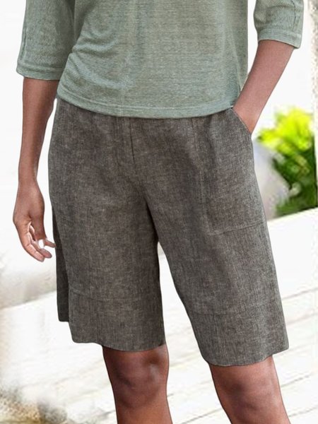 

Plain Cotton And Linen Casual Regular Fit Casual Pants, Khaki gray, Shorts