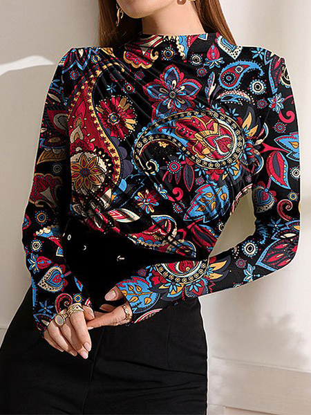 

High Elasticity Elegant Regular Fit Long sleeve Paisley T-Shirt, As picture, Tees
