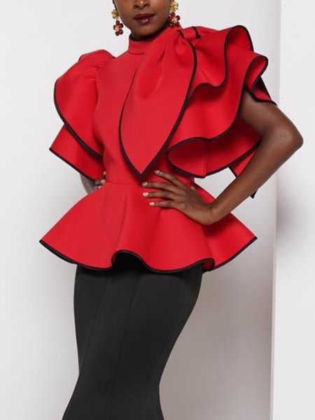 

Plain Regular Fit Stand Collar Elegant Blouse, Red, Blouses and Shirts
