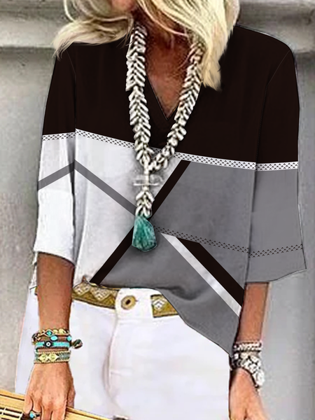 

Loose Casual Color Block V Neck Shirt, Multicolor, Shirts & Blouses