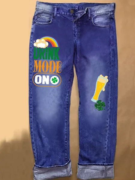 

Lilicloth X Jessanjony St. Patrick's Day Drink Mode On Women's Denim Casual Loose Jeans, Blue, Jeans