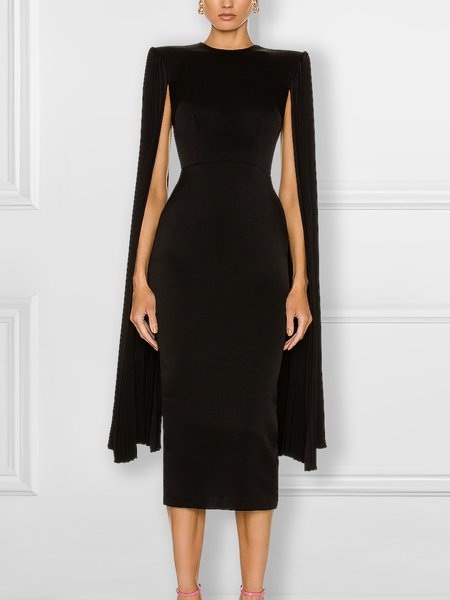 

Elegant Crew Neck Plain Tight Midi Dress, Black, Midi Dresses