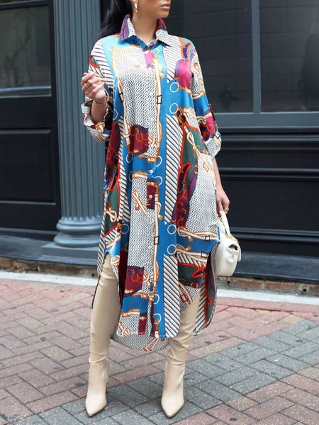 

Shirt Collar Urban Loose Abstract Midi Dress, Multicolor, Midi Dresses
