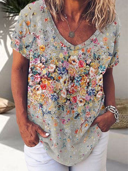 

Women's Art Floral Print V Neck Casual Loose T-Shirt, As picture, T-shirts