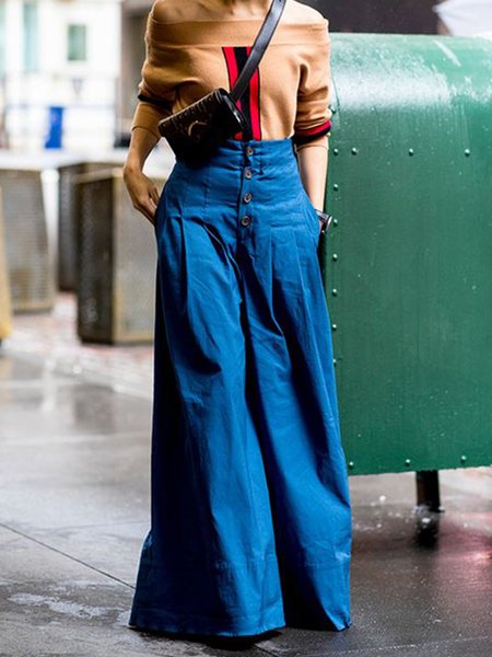 

Plain Regular Fit Urban Wide leg Jeans, Blue, DENIM