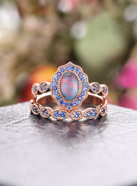 

2Pcs Elegant Natural Opal Diamond Ring Set Party Wedding Holiday Jewelry, Rose gold, Rings