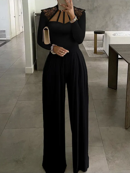 

Urban Plain Regular Fit Lace Jumpsuit, Black, Jumpsuits＆Rompers