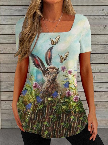 

Knitted Easter Casual Square Neck T-Shirt, Multicolor, T-Shirts