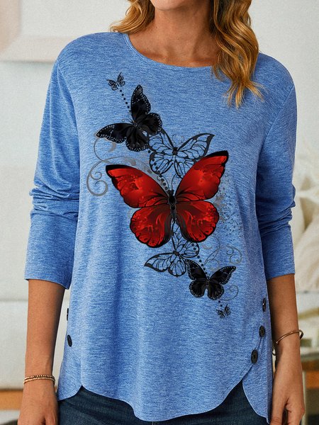 

Women's Fashion Butterfly Graphic Printing Casual Crew Neck Shirt, Blue, Long sleeves
