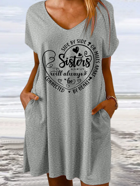 

Women's Side By Side Or Miles Apart Sisters Will Always Be Connected By Heart V Neck Casual Loose Dress, Gray, Dresses
