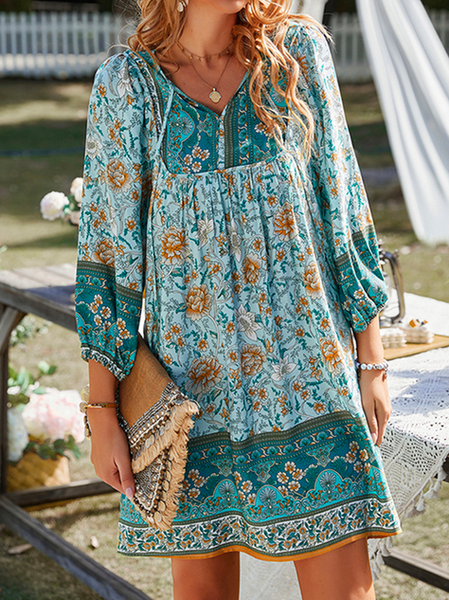 

Boho Loose V Neck Ethnic Dress, Green, Dresses