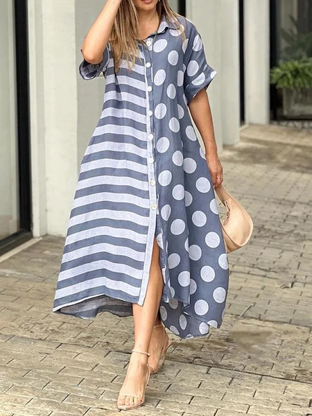 

Geometric Shirt Collar Short sleeve Urban Loose Long Dress, Gray, Maxi Dresses