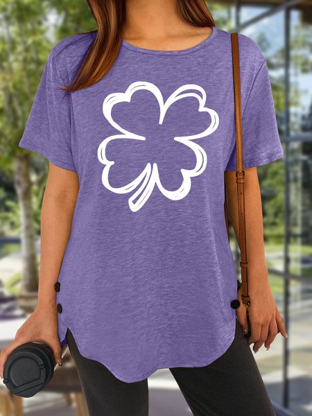 

Women's St. Patrick's Day Love Four-Leaf Clover Lucky Funny Graphic Printing Loose Cotton-Blend Crew Neck Casual T-Shirt, Purple, T-Shirts