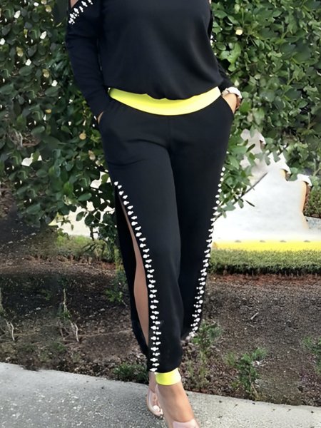 

Casual Loose Color Block Sweatpants, Black, Pants